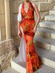 Floral Print Lace Patchwork Halter Neck Split Hem Summer Dress, Suitable For Valentine's Day - Orange - View 3