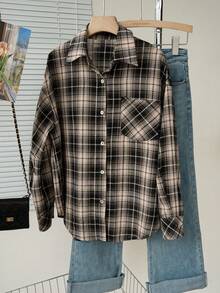 女士格子长袖 Polo 领休闲宽松衬衫，春季款 - 棕色 - 查看 8