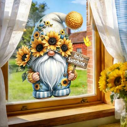 1/4pcs Spring Gnome Window Cling Cute Dwarf Sunflower Butterfly, Static Glass Sticker For Living Room Shop Window Sliding Door, Waterproof Removable Decal, Farmhouse Garden Decor