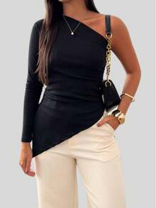 Women's Asymmetrical Blouse, One-Shoulder Sleeve, Long Ribbed Knit, Premium Basic, Stylish, Casual - màu đen - Xem 2