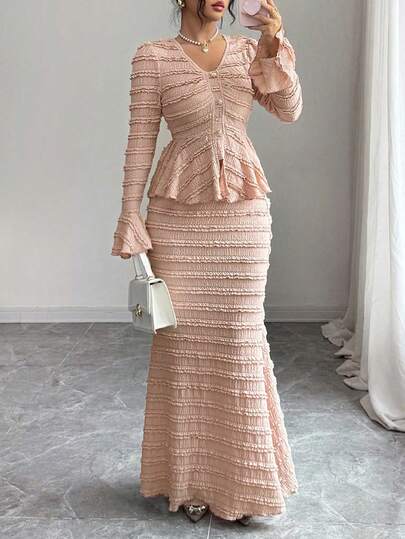 女士优雅纯色纹理上衣和半裙阿拉伯风格套装，夏季套装，度假套装，情人节套装，优雅派对套装，婚礼宾客套装，生日套装