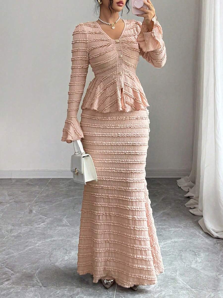 Bộ trang phục nữ thanh lịch màu trơn có họa tiết, kiểu Ả Rập, gồm áo và chân váy, thích hợp cho mùa hè, kỳ nghỉ, ngày Valentine, dự tiệc sang trọng, đám cưới, sinh nhật. - Hồng - Xem 1