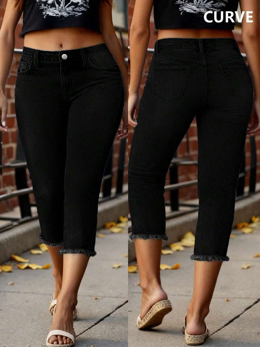 Jeans de mezclilla de talla grande cómodos y entallados hasta la pantorrilla con bolsillos, cierre de cremallera y botón, casual negro de primavera - Negro - Ver 1