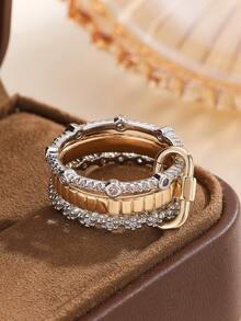 Fashionable Multilayer Adjustable Cubic Zirconia Combination Keychain Ring, Suitable For Women's Daily Wear - Set Of Rings - View 4