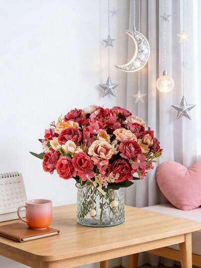 1个仿真刺绣球形花束，仿真植物，适用于家居、餐厅、客厅、户外花园装饰、插花艺术、摄影道具，四季皆宜，可插花、装饰花墙、制作花环、新娘捧花、婚礼装饰