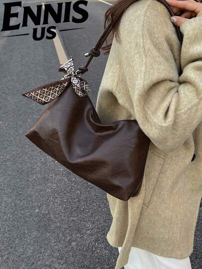 Bolso de hombro en forma de media luna minimalista, bolso cruzado versátil con accesorio de pañuelo (patrón de pañuelo aleatorio), correa ajustable, gran capacidad, adecuado para trabajadores de oficina, estudiantes universitarios y mujeres trabajadoras, elegante bolso de hombro para damas