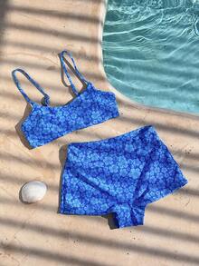 女士比基尼泳装，可爱印花蓝色沙滩套装泳装，运动短裤，露脐吊带背心，无肩带吊带背心，时尚套装/外出装/生日装/休闲装/Y2K/2000年代/千禧年装/优雅装/老钱风/街头风/度假装/音乐节沙滩装 夏季 - 藍色 - 查看 9