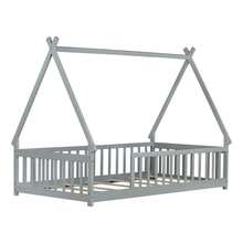 Twin Size Toddler Floor Bed With Guardrails & Slats, Grey Teepee Bed Frame For Kids, Boys, And Girls, Tent-Shaped Montessori Floor Bed - 灰色 - 查看 7