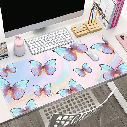 1个卡通大号游戏鼠标垫，蝴蝶图案，缝边设计，可爱电脑键盘垫，高密度橡胶防滑底座，适用于游戏、办公、家庭、电竞职业玩家，完美礼物
