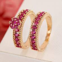 女士两件套铜戒指，优雅复古新娘叠戴戒指，镶嵌闪亮锆石，日常/婚礼首饰，情人节礼物 - 婚禮對戒1 - 查看 20