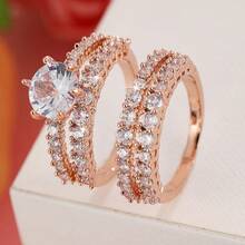 女士两件套铜戒指，优雅复古新娘叠戴戒指，镶嵌闪亮锆石，日常/婚礼首饰，情人节礼物 - 婚禮對戒9 - 查看 13