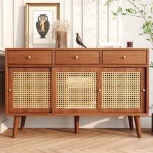 Sideboard, Chest Of Drawers With 3 Drawers And 3 Sliding Doors, Woven Rattan Door Fronts, Solid Wood Legs, Gold-Tone Metal Bar Handle, Adjustable Shelves, Walnut Color, 120 X 40 X 78 Cm - 自然色 - 查看 2