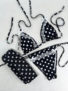 女士夏季泳装度假系列，黑白波点蕾丝蝴蝶结挂脖三角比基尼，侧边系带三角裤三件套，性感显瘦收腹，甜美少女风比基尼套装，时尚泳装，适合海滩度假和拍照 - 彩色 - 查看 2