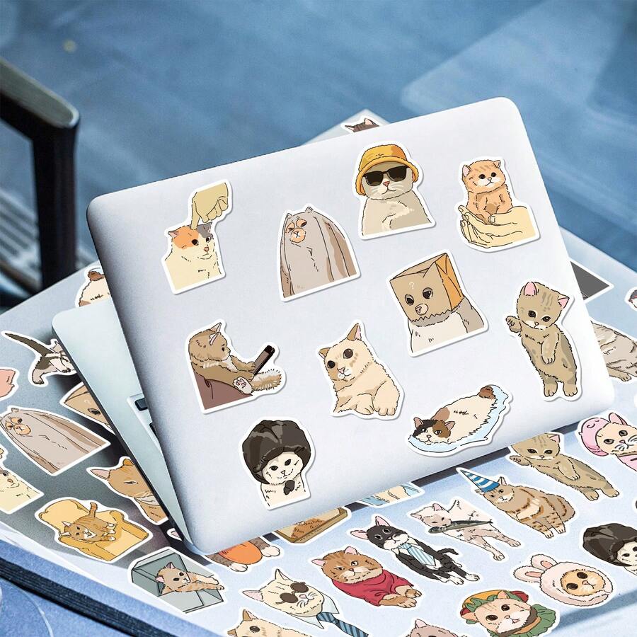 50 Pcs Cat Toilet Stickers, Cute Decorative Stickers For Toilets & Bathtubs, Cartoon Meme Multi-Scenario Stickers For DIY Decoration Of Scrapbooks, Diaries, IPads & Notebooks - Multicolor - View 1