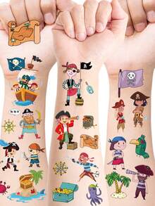 12 Folhas de Tatuagens Temporárias de Piratas, Adesivos de Tatuagem Impermeáveis de Canhão, Pólvora, Jake Capitão Neverland, Suprimentos e Lembrancinhas para Festa de Aniversário de Piratas, Duram de 2 a 5 dias - Multicolorido - Visão 2