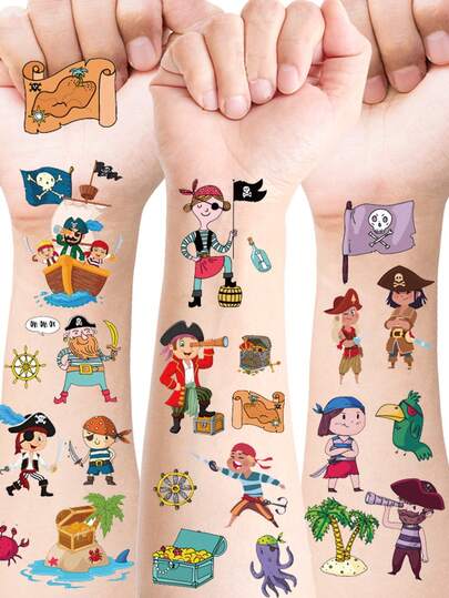 12 Blatt Piraten Temporäre Tattoo Aufkleber, Neverland Piraten Kanone Pulver Jake Kapitän Wasserfeste Tattoo Aufkleber, Piraten Geburtstags Party Geschenke, Hält 2-5 Tage