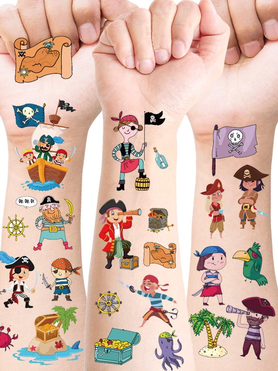 12 Folhas de Tatuagens Temporárias de Piratas, Adesivos de Tatuagem Impermeáveis de Canhão, Pólvora, Jake Capitão Neverland, Suprimentos e Lembrancinhas para Festa de Aniversário de Piratas, Duram de 2 a 5 dias