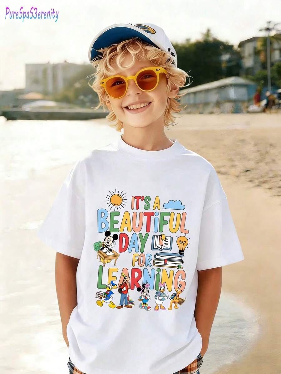 1pc Disney Back To School Mickey Mouse & Pals Cheerful Learning-Themed Graphic Tween Boys Casual T-Shirt, Soft & Breathable, Ideal For School Days & Casual Hangouts - 白色 - 查看 1