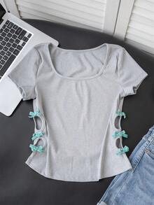 Women's Hollow Out Bow Tie Short Sleeve T-Shirt, Sexy Slim Fit Summer Top - Grey - View 6