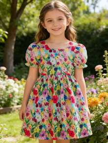 Đầm công chúa dễ thương, tay bồng họa tiết hoa cho bé gái, có nơ sau lưng, thích hợp mặc dự tiệc, tụ tập, mặc hàng ngày, hoạt động cha mẹ - con cái - Nhiều màu - Xem 2