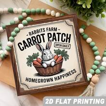 2D Flat 1pc, Rabbits Farm Carrot Patch Open Daily Homegrown Happiness Wooden Framed Sign Farmhouse Theme Wall Hanging Vintage Bedroom, Kitchen, Living Room, Decorative Signs & Plaques 8x8 Inch - Multicolor - View 5