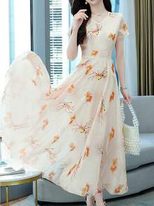 Đầm maxi dài tay ngắn cổ chữ V in hoa thanh lịch dành cho nữ, thích hợp cho mùa hè. - Màu be - Xem 3