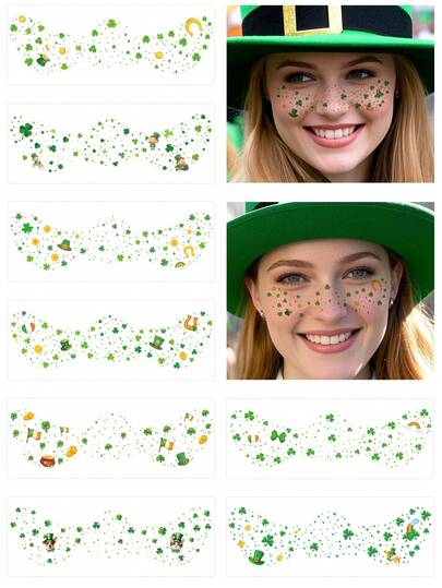 8 Sheets St Patricks Day Accessories,Leaf Face Sticker Costume,St Patricks Day Temporary Tattoos For Women,Clover Shamrock Stickers,Green Makeup Tattoo,Green Freckles Face Tattoo