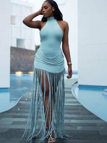 2026 Winter New Women's Clothing Fashion Fringed Design Solid Color Sexy Neck Halter Dress - màu xanh nhạt - Xem 1
