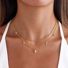 1pc Fashionable Bohemian Double Layer Long Faux Pearl Necklace, Simple & Elegant Sweater Chain,Wedding Necklace For Girl/Women,Mother's Day,Valentine's Day - 均碼金色 - 查看 3