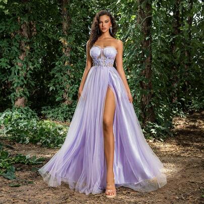 Faeriesty Elegant Party Mesh High Slit Strapless Maxi Dress