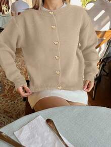 女士秋冬新款法式浪漫休闲百搭简约别致心形图案针织开衫 - 杏色 - 查看 1