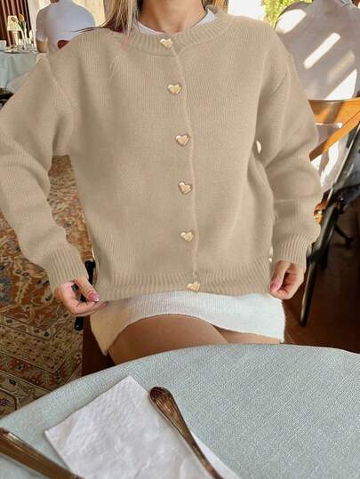 Women's Autumn/Winter New French Romantic Casual Versatile Minimalist Chic Heart Pattern Knit Cardigan Top