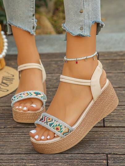 1 Pair Summer Wedge Sandals For Teenagers, Suitable For Casual, Vacation, Beach Wear - Fashion Minimalist Rhinestone Strap Slip-On, Thick Sole Comfortable Open Toe Platform Sandals