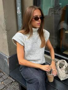 Senya 2026 女士新款休闲优雅短袖针织上衣，柔软针织面料，宽松版型，适合春夏穿着，纯色高领，适合日常通勤、办公室穿着和机场穿着。 - 灰色 - 查看 3