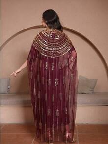 Váy kiểu Ả Rập rộng rãi màu đỏ rượu vang đính sequin. - Màu Đỏ Sâu - Xem 5