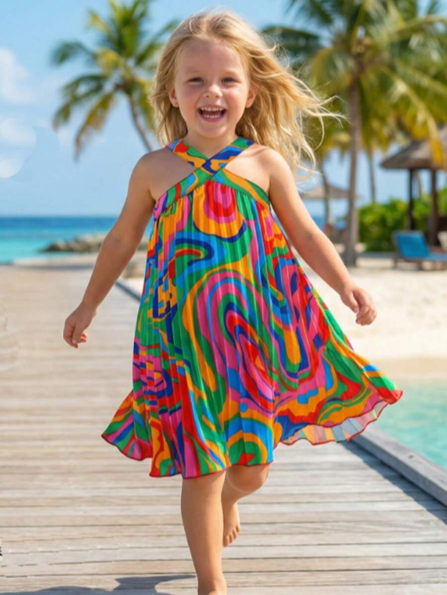 BASUSARRI 度假风交叉绑带褶皱连衣裙，休闲百搭沙滩度假简约时尚女童连衣裙，夏季 - 彩色 - 查看 1