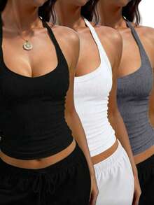 3pcs/Set Women's Casual Sleeveless Solid Color Ribbed Round Neck Tank Top, Summer - Multicolor - View 1