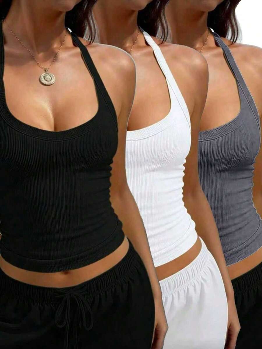 3pcs/Set Women's Casual Sleeveless Solid Color Ribbed Round Neck Tank Top, Summer - Multicolor - View 1