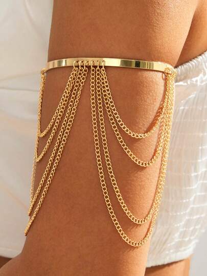 A Sleek And Fashionable Multi-Layer Metal Thin Chain Tassel Pendant And Bracelet, With A Smooth Finish And Open Design, Perfect For Ladies' Banquets, Parties, And As A Gift For Friends