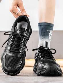 男士休闲通勤舒适厚底休闲鞋，适合多种场合，时尚简约小众设计，透气低帮运动鞋，适合青少年运动跑步 - 黑色 - 查看 4