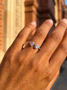 1枚奢华闪亮心形泪滴镶嵌925纯银戒指，优雅珠宝礼品，适合女性日常佩戴、情人节、生日等场合。 - 圍鑲愛心水滴 - 查看 8