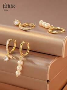 Hihho 4pcs Set Luxurious Gold Plated Pearl & Cubic Zirconia Pendant Earrings - Ideal For Daily Wear, Banquet, Party, Wedding - Bridal Pearl Earrings, Elegant Bridal Jewelry, Suitable For Women (Asymmetrical Pearl Is A Normal Phenomenon) - Stacking Earrings - View 4