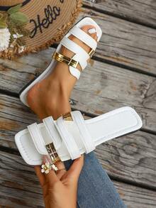 Women's Gold Strap Decor Multi-Strap Design Fashionable Flat Open Toe Slippers, Light Luxury Style Spring & Summer White Lychee Pattern PU Leather Sandals, Must-Have Valentine's Day Outfit Beach Vacation Shoes, Elegant Slip-On Sandals For Commuting & Daily Wear, Lightweight Summer Beach Travel Sandals, New Spring Summer Versatile Outdoor White Beach Slippers, Elegant Ladies Sandals - White - View 2