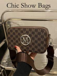 2025新款时尚经典百搭纯色PU防水菱形设计复古别致金属动物标志装饰方形单肩斜挎包，字母图案装饰，适合购物，女士动物纹印花包 - 咖啡 - 查看 2