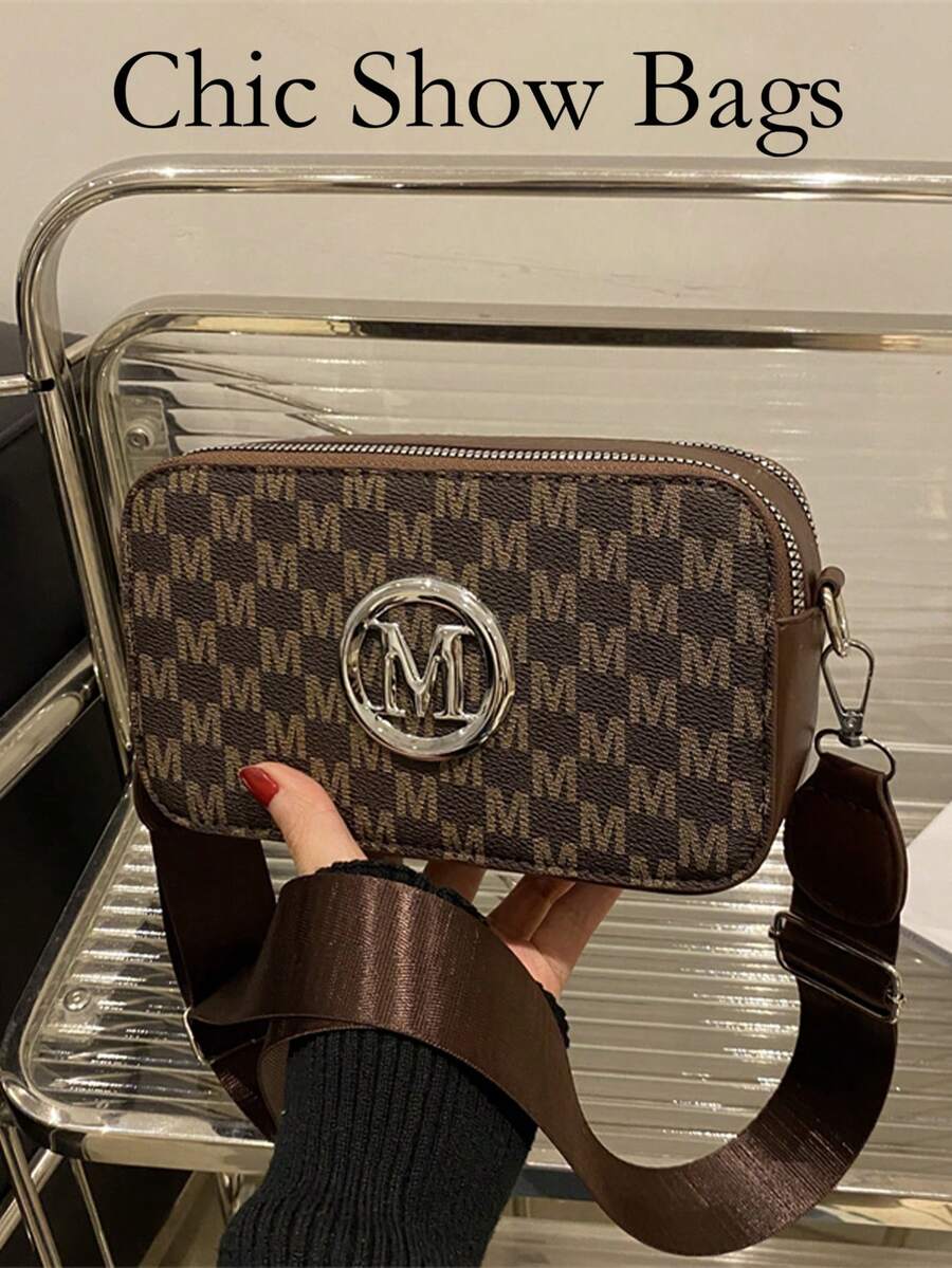 2025新款时尚经典百搭纯色PU防水菱形设计复古别致金属动物标志装饰方形单肩斜挎包，字母图案装饰，适合购物，女士动物纹印花包