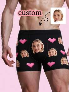 1pc Personalized Photo Pixel Heart Print Stretchy Fabric Comfortable Fitted Romantic Customized Men's Briefs, Valentine's Day Gift - Multicolor - View 1