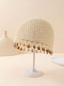 1pc Women's Lightweight Hollow Decor Handmade Crochet Knitted Hat, Suitable Spring, Summer, Autumn Daily, Beach, Outdoor Wear - 鏤空亮片 - 查看 4