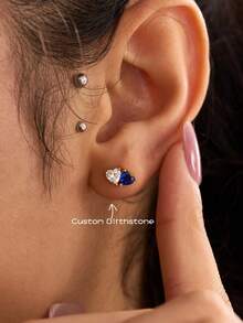 Custom Two Heart Zirconia Stud Earrings For Women Personalized Month Birthstone Stainless Steel Earrings Female Minimalist Customized Jewelry Daily Wear Valentine's Day Gifts - Multicolor - View 2