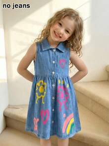 BASUSARRI 女童无袖纽扣开襟衫连衣裙,数码3D印花效果仿口袋心形图案收腰休闲衬衫裙,百搭时尚 - 藍色 - 查看 2