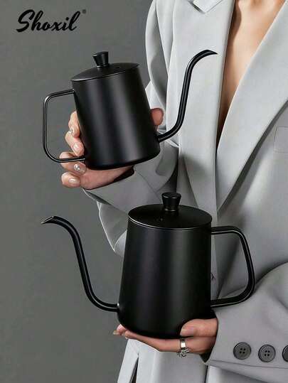 shoxil 1pc Black Stainless Steel Coffee Pot, Hand Drip Coffee Maker, Espresso Coffee Tool, Tea Pot, Water Kettle, 350ml/12oz And 600ml/20oz, Suitable For Daily Use, Saudi National Day Gift, Applicable For Home And Cafe